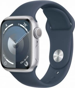Apple Watch Series 9 GPS, 41mm Koperta z aluminium w kolorze srebrnym z paskiem sportowy w kolorze sztormowego błękitu - M/L