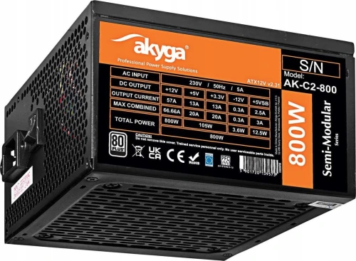 Akyga ATX 800W AK-C2-800 Semi-Modular P4+4 2x PCI-E 6+2 pin 6x SATA 3x Molex FAN 12cm