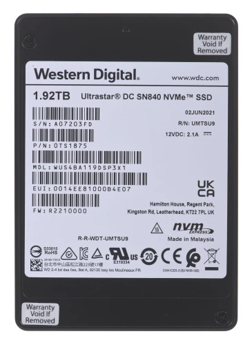 Dysk SSD Western Digital Ultrastar DC SN840 WUS4BA119DSP3X1 1.92TB U.2 PCIe NVMe 3.1 x4 1DW/D SE